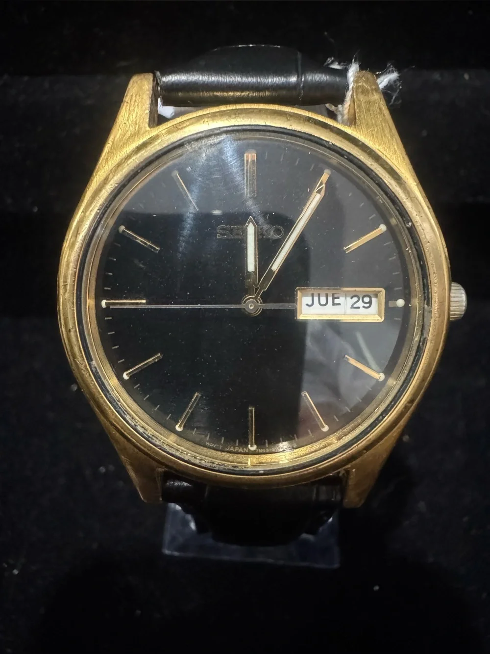 Seiko Gold Case Black Dial Watch with Black Leather Strap